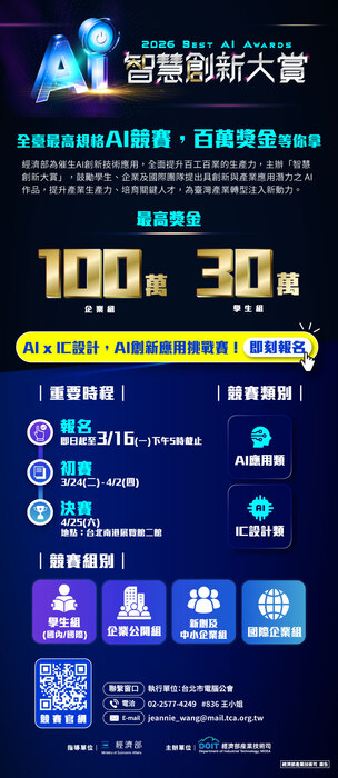 經濟部產業技術司「2026 智慧創新大賞」學生組30萬獎金徵件中，號召頂尖AI x IC 團隊！圖片